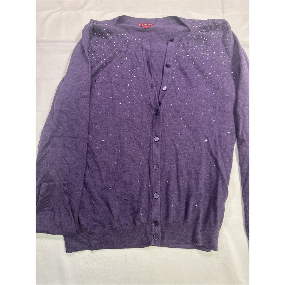 Merona Womens Medium Purple Rhinestone Button Front Cardigan Sweater M - Picture 2 of 6